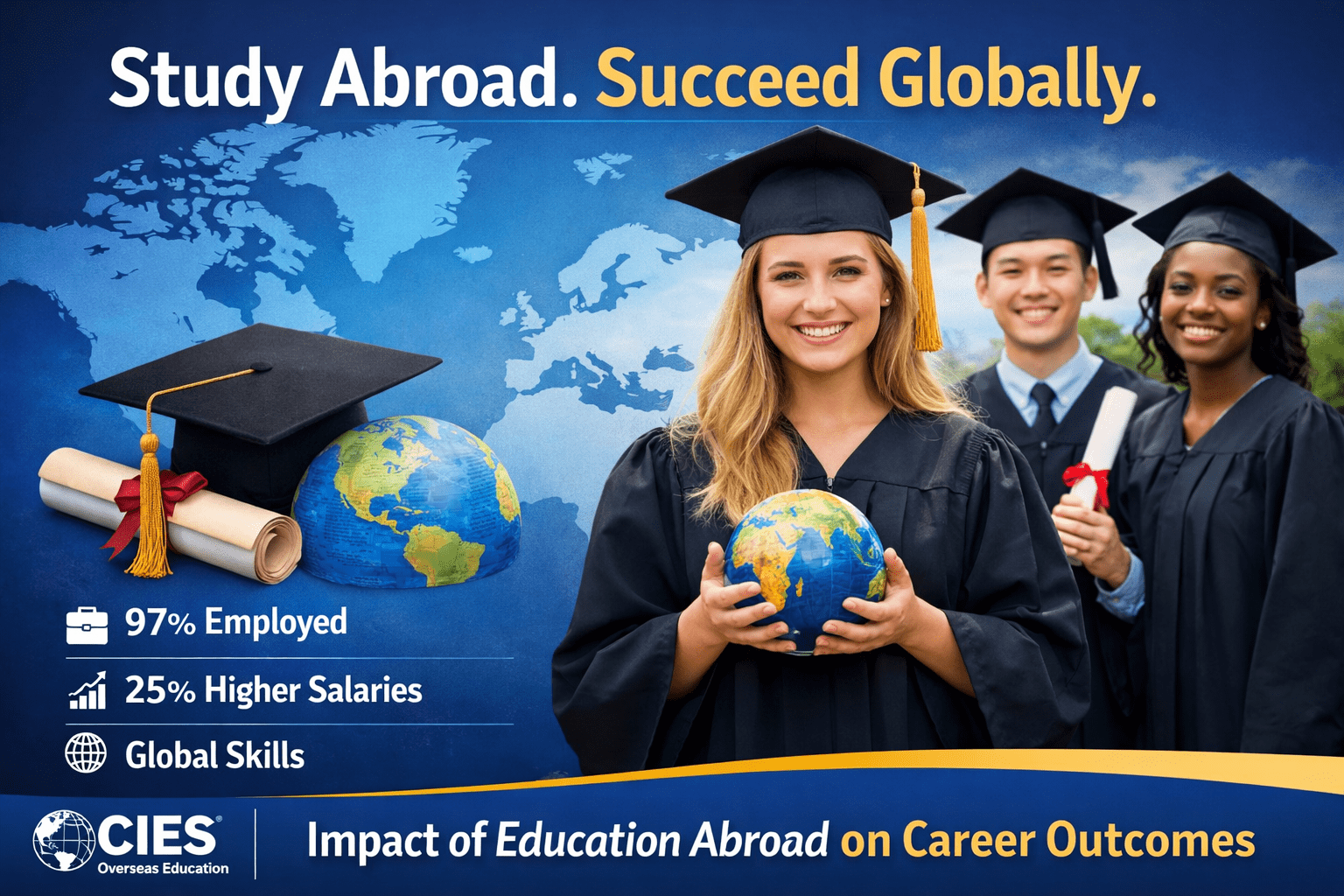 Impact of education abroad on career outcomes showing international graduates with global skills, higher salaries, and strong employment rates.