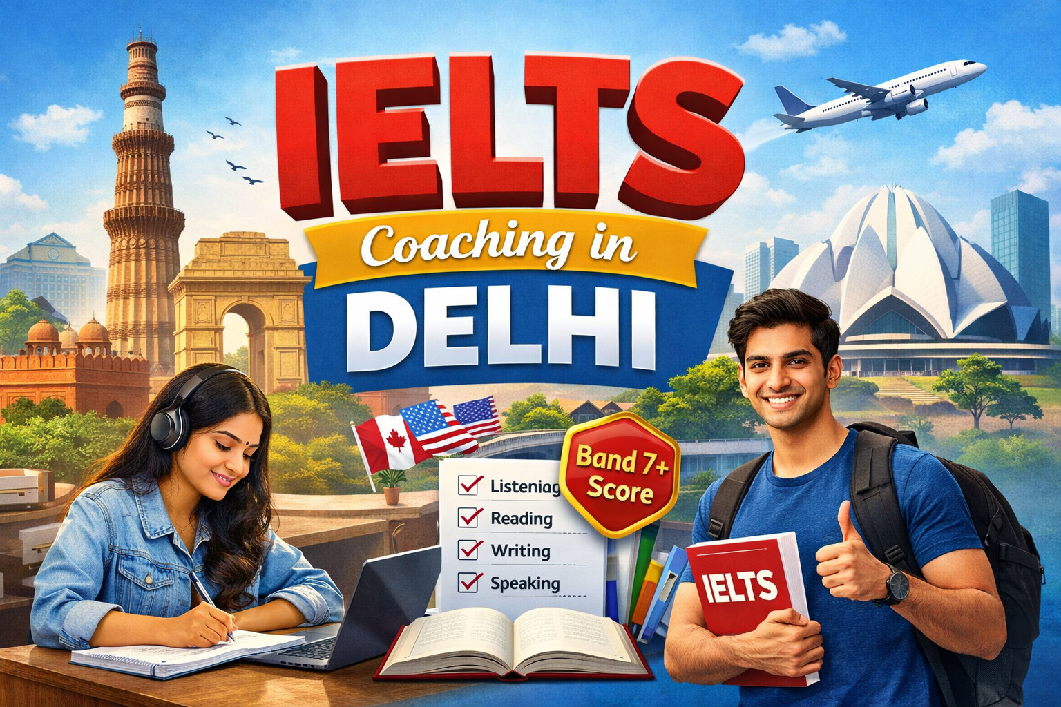 IELTS Coaching in Delhi – Expert trainers, structured preparation, and Band 7+ strategies to help students achieve success in Listening, Reading, Writing, and Speaking modules.