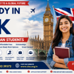Study in UK for Indian students poster with London skyline Big Ben and contact number for free counselling
