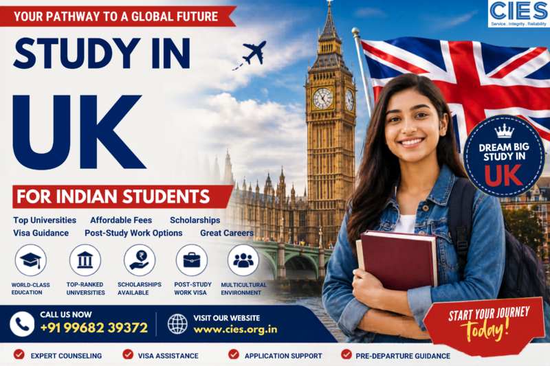 Study in UK for Indian students poster with London skyline Big Ben and contact number for free counselling