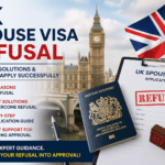 UK spouse visa refusal concept with rejected stamp and passport for visa reapplication guidance