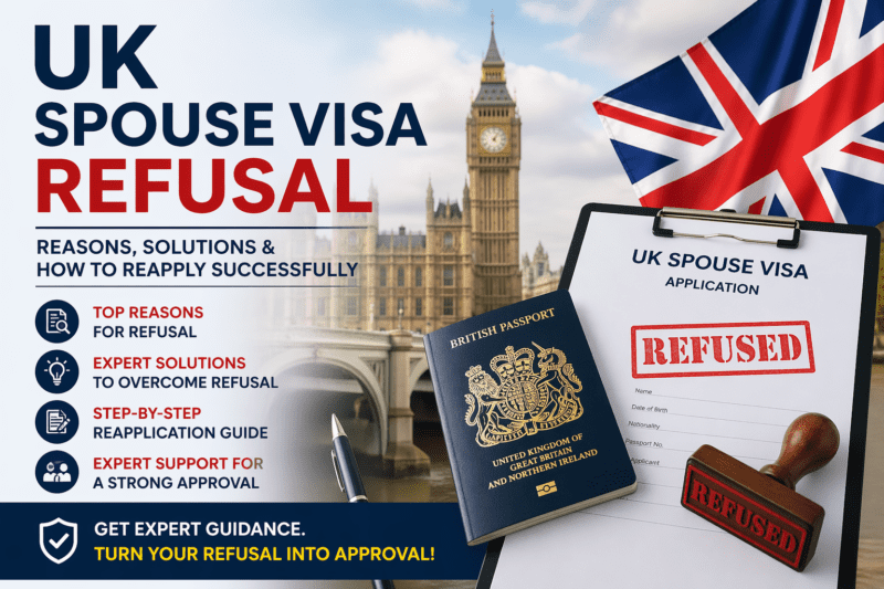 UK spouse visa refusal concept with rejected stamp and passport for visa reapplication guidance