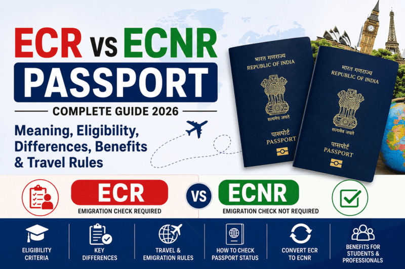 ECR vs ECNR passport comparison showing eligibility, benefits, and emigration requirements for Indian passport holders