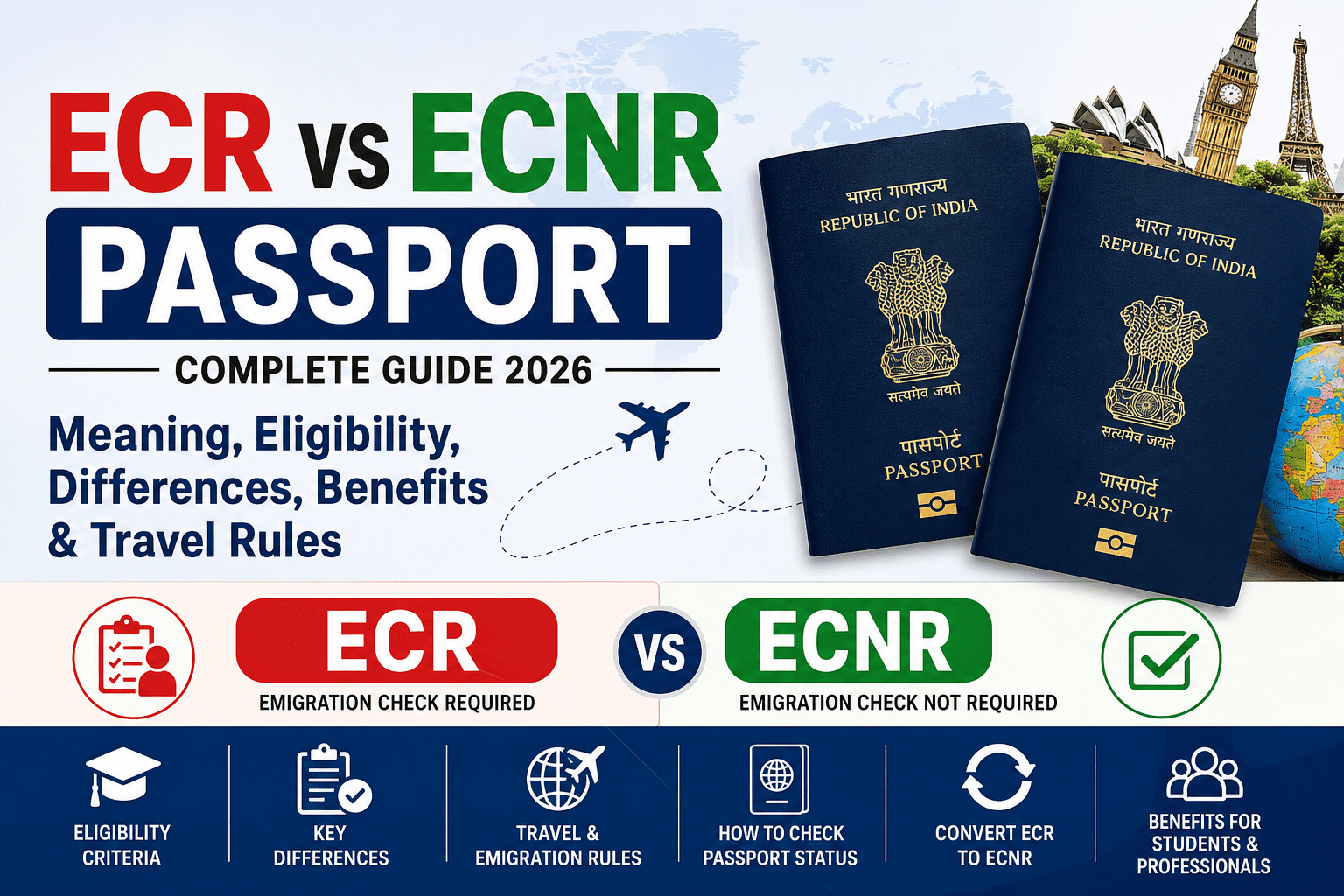 ECR vs ECNR passport comparison showing eligibility, benefits, and emigration requirements for Indian passport holders
