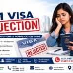 F-1 visa rejection guide showing common refusal reasons, interview tips, financial documents, and reapplication advice.