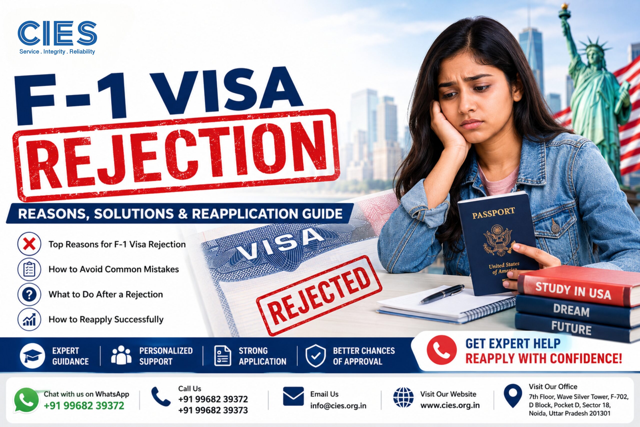F-1 visa rejection guide showing common refusal reasons, interview tips, financial documents, and reapplication advice.