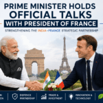 Prime Minister Narendra Modi and French President Emmanuel Macron during official talks aimed at strengthening India-France strategic relations.