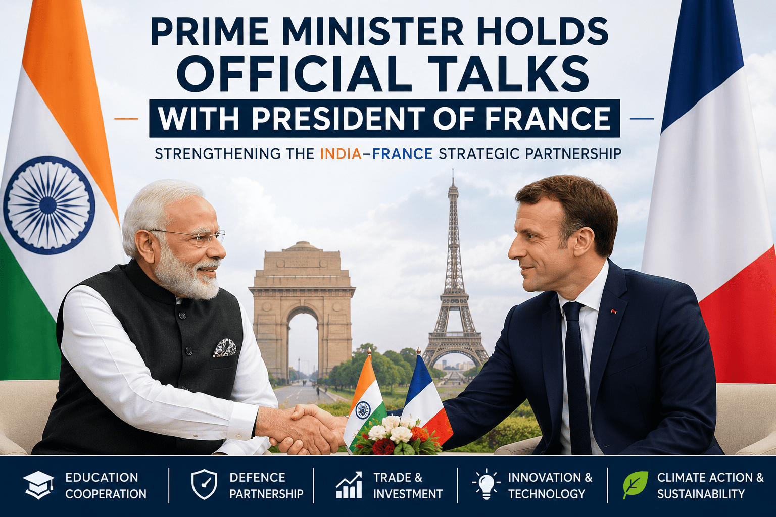 Prime Minister Narendra Modi and French President Emmanuel Macron during official talks aimed at strengthening India-France strategic relations.