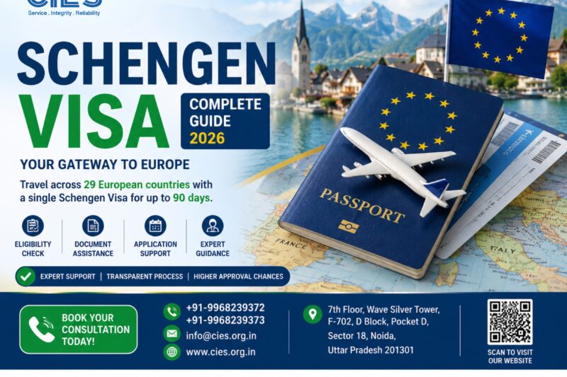 Schengen Visa Guide 2026 for Indian applicants showing Europe travel, passport, documents, requirements, fees, and application process by CIES.