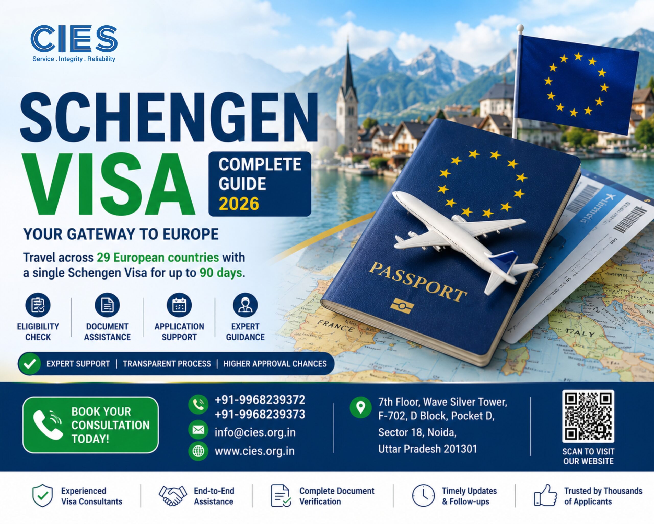 Schengen Visa Guide 2026 for Indian applicants showing Europe travel, passport, documents, requirements, fees, and application process by CIES.