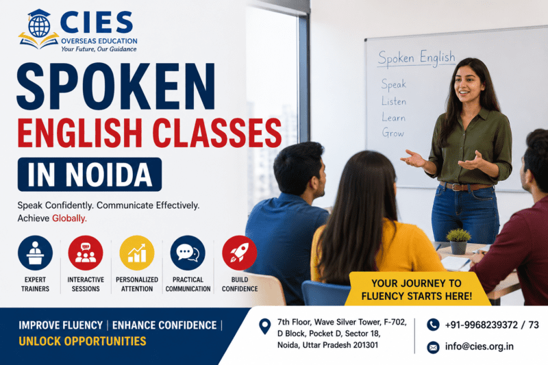 Students attending spoken English classes in Noida at CIES Overseas Education to improve English fluency, communication skills, and confidence.