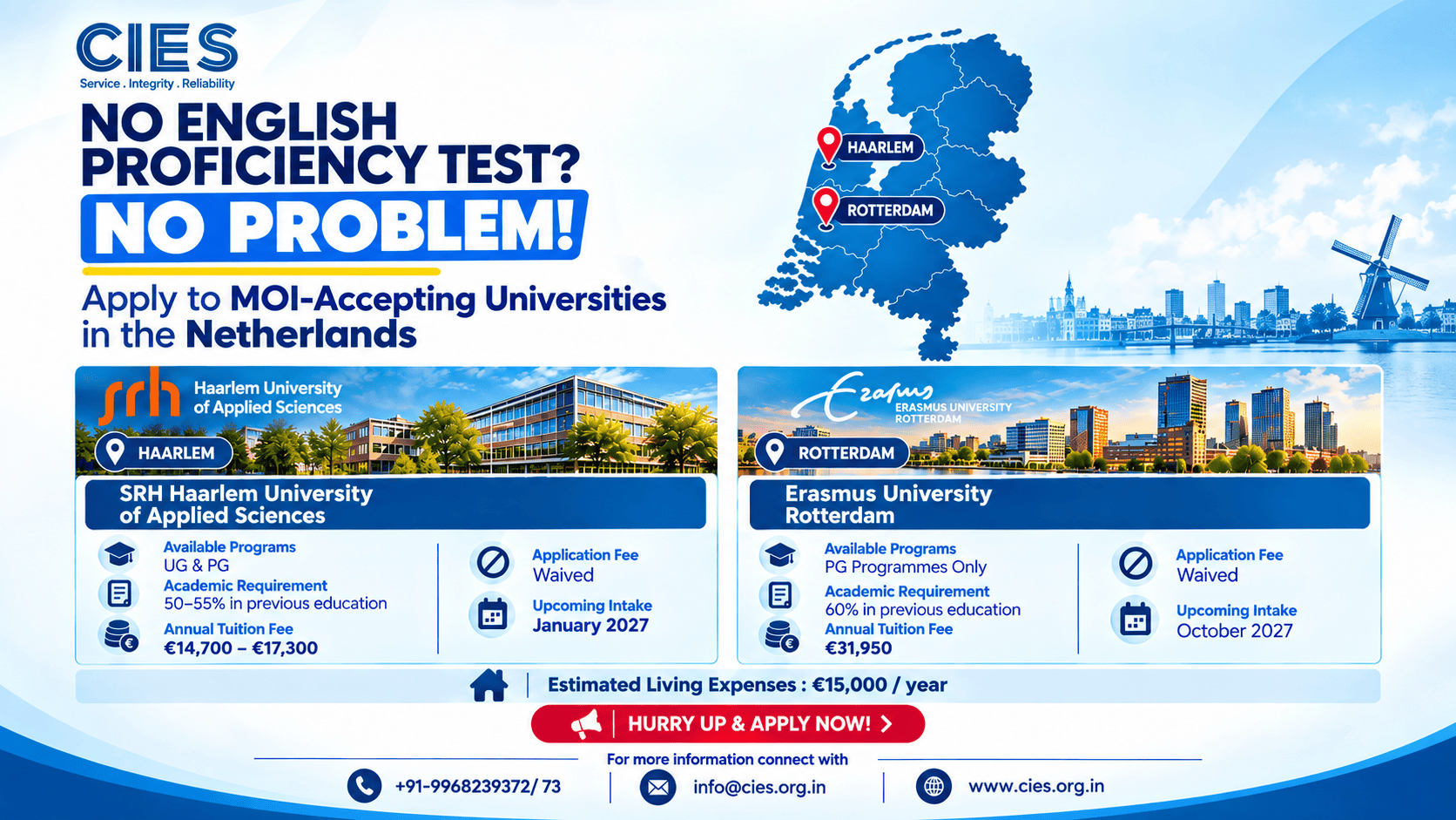 Study in Netherlands without IELTS 2027 for Indian students