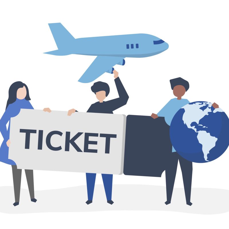 People holding a flight ticket travel related icons